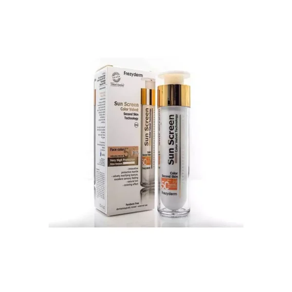 inbound7080111276711596967 Frezyderm Sun Screen Velvet With Color SPF50+, 50Ml فريزيديرم واقي شمس مخملي بعامل وقاية من أشعة الشمس 50+ مع كريم أساس ، 50 مل