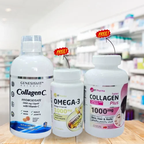 Buy Genesisvit Collagen Liquid 480ML & Get Bt Pharma Omega-3 60 Capsules FREe + Collagen Plus 1000mg Chewable 120 Tablets for FREE