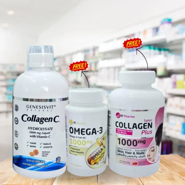 Buy Genesisvit Collagen Liquid 480ML & Get Bt Pharma Omega-3 60 Capsules FREe + Collagen Plus 1000mg Chewable 120 Tablets for FREE